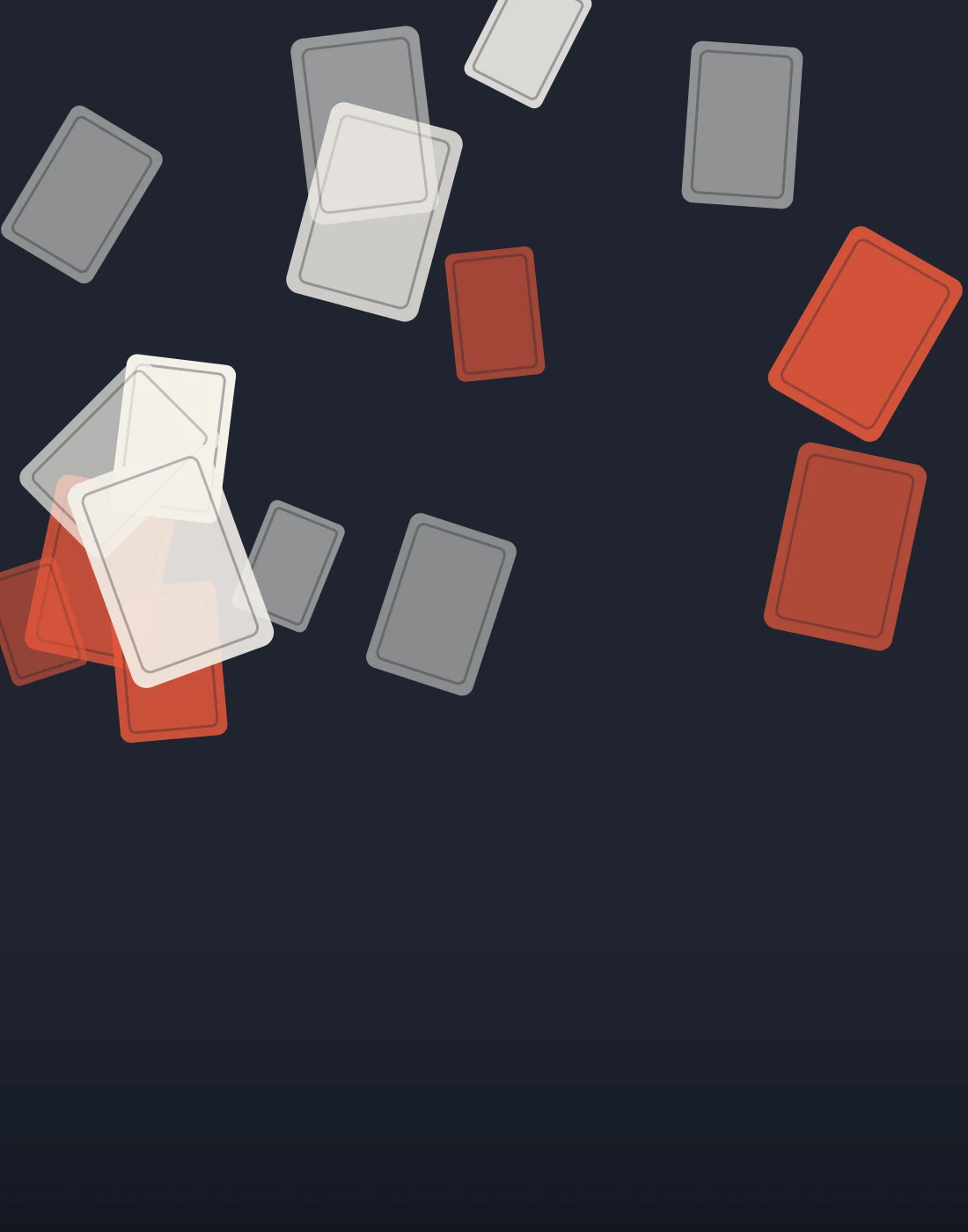 Tumbling cards in slate and coral on a dark field